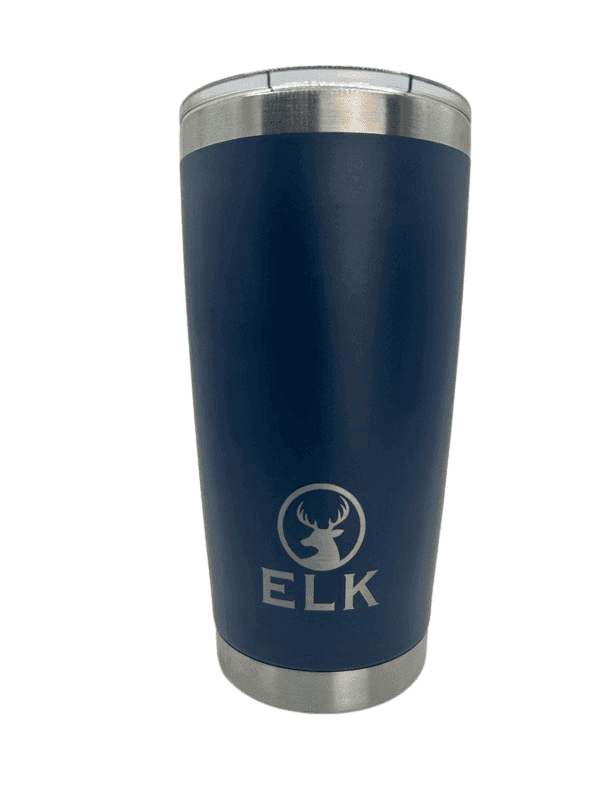 Navy blue insulated tumbler with silver lid and ELK logo on the front.