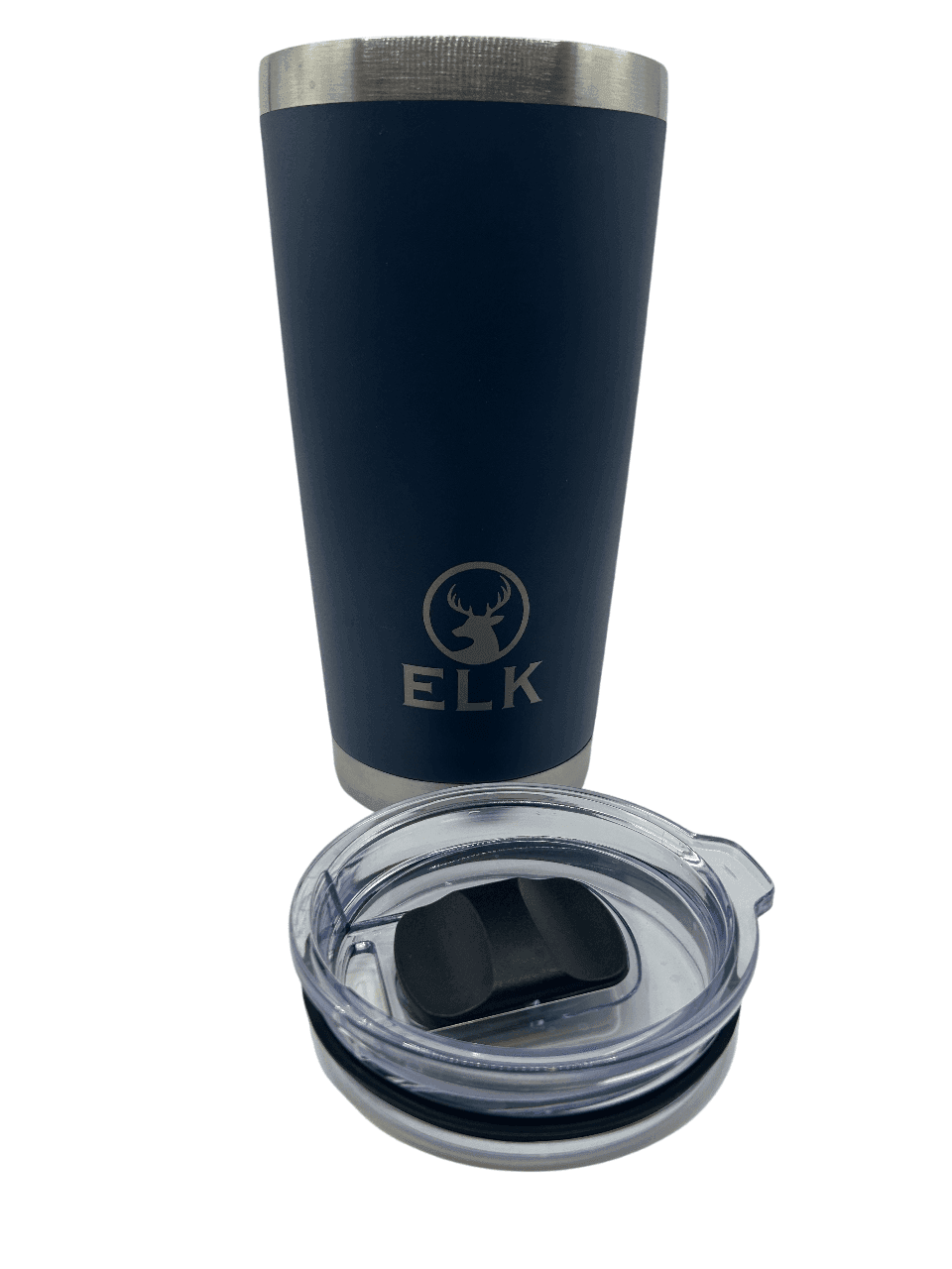 Blue travel tumbler with a silver rim and removable lid, featuring an elk logo.